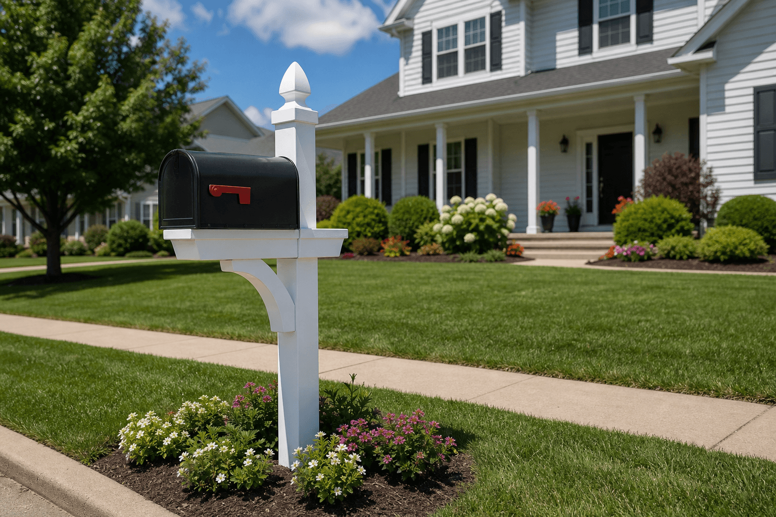 White vinyl post with flower bed — Mount Juliet