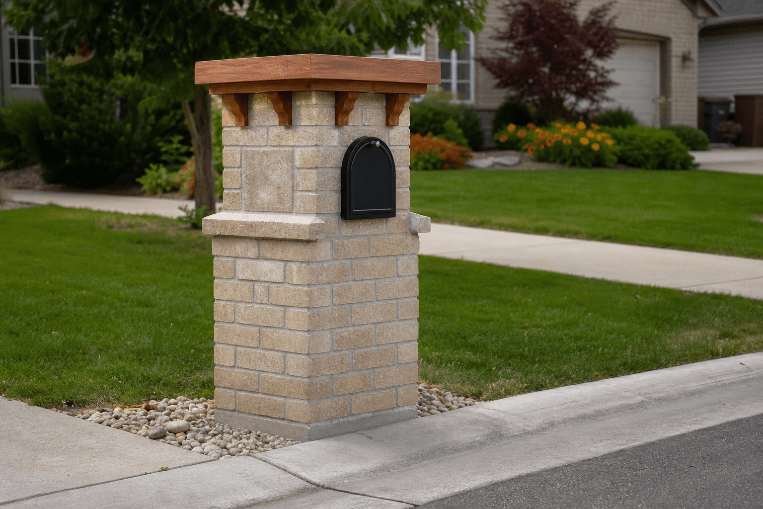 Design prototype — tan craftsman brick mailbox with cedar cap