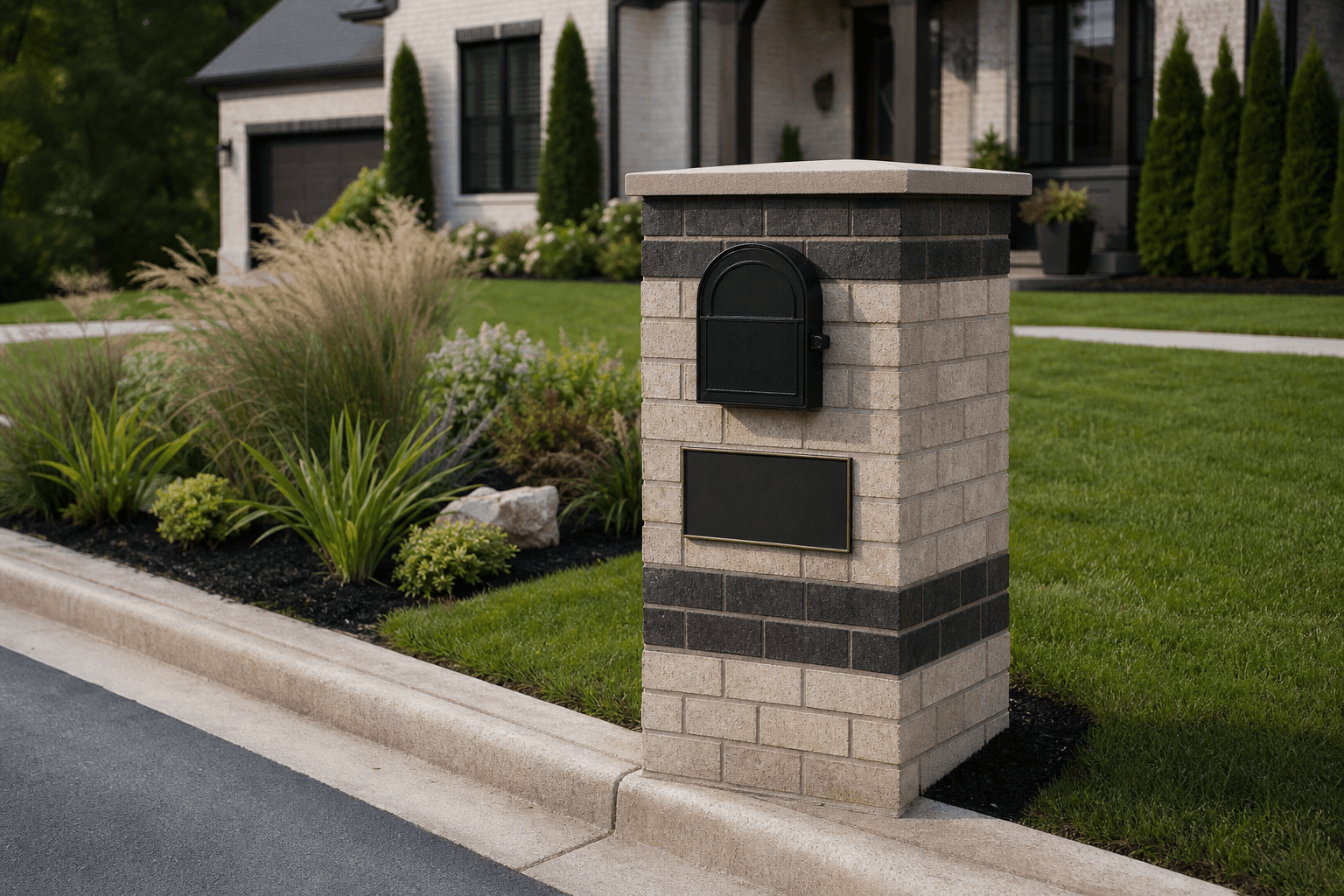 Design prototype — two-tone brick mailbox with contrasting bands