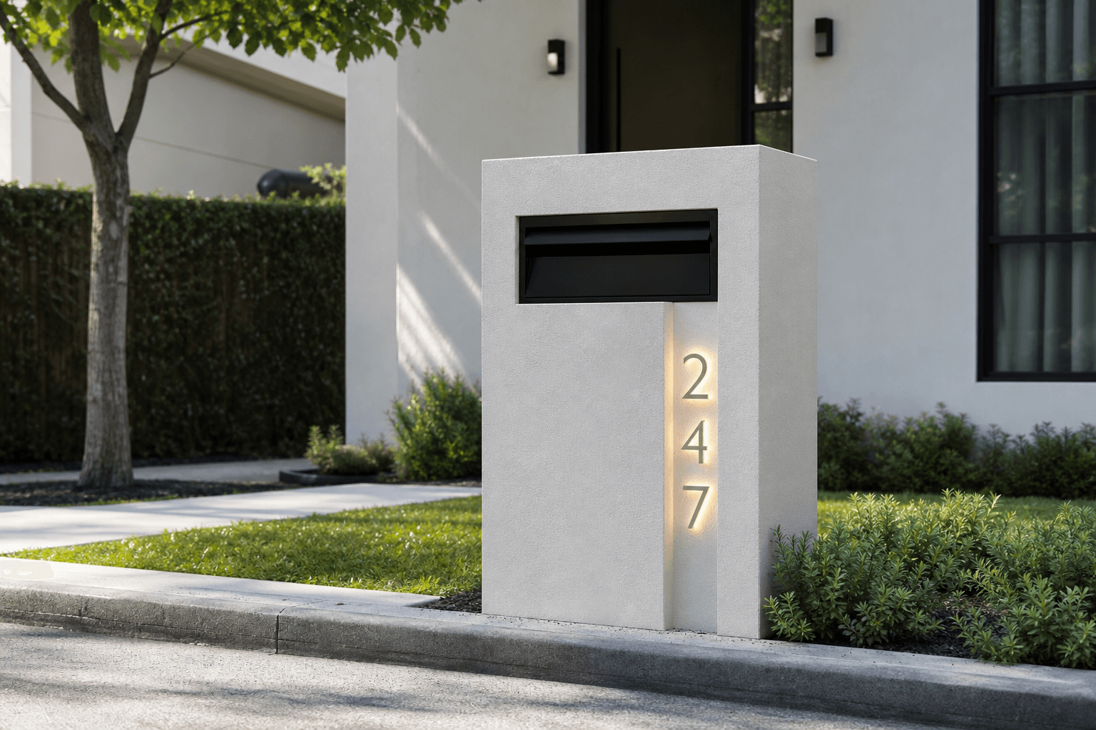 Design prototype — white concrete pillar with illuminated house numbers