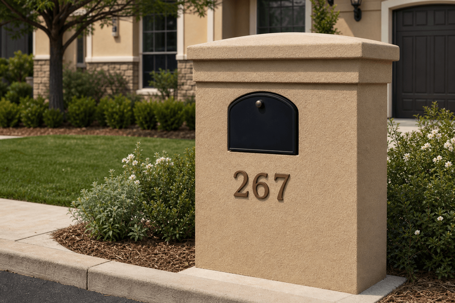 Design prototype — sand-finish stucco mailbox with bronze house numbers